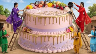 Giant Happy Birtay Cake Making Process In Indian Village 5 Meter Giant Cake Village Cooking|