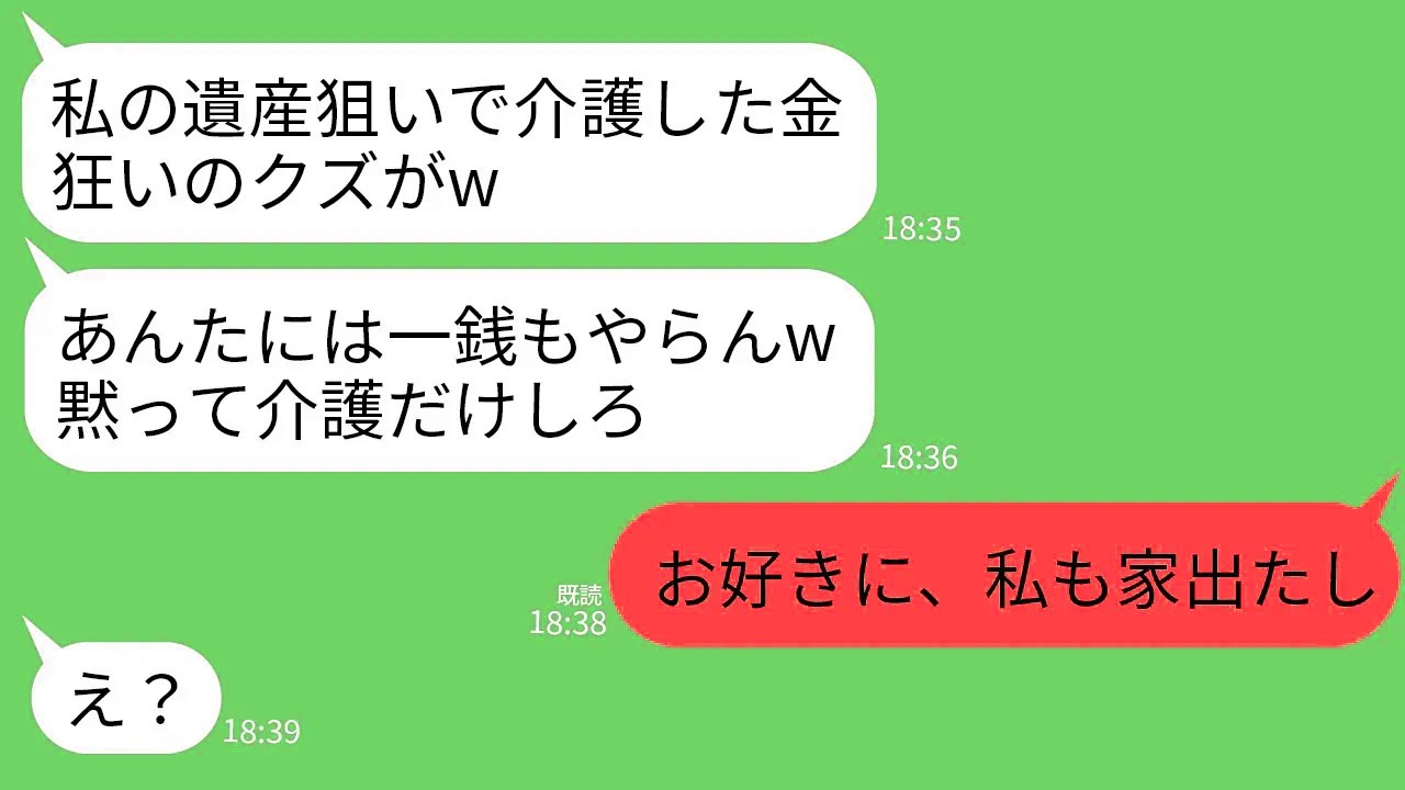 【LINE】車いすの母を同居介護して15年…母「家や遺産は全て長男夫婦に残すwあんたには一銭もやらないわよ」→「お好きにどうぞw私は今日で出てくわ」→家