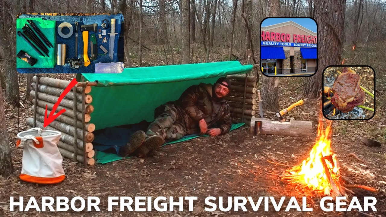 Solo Overnight Doing a $100 Harbor Freight Survival Challenge in The Woods  and Ribeye on a Stick 