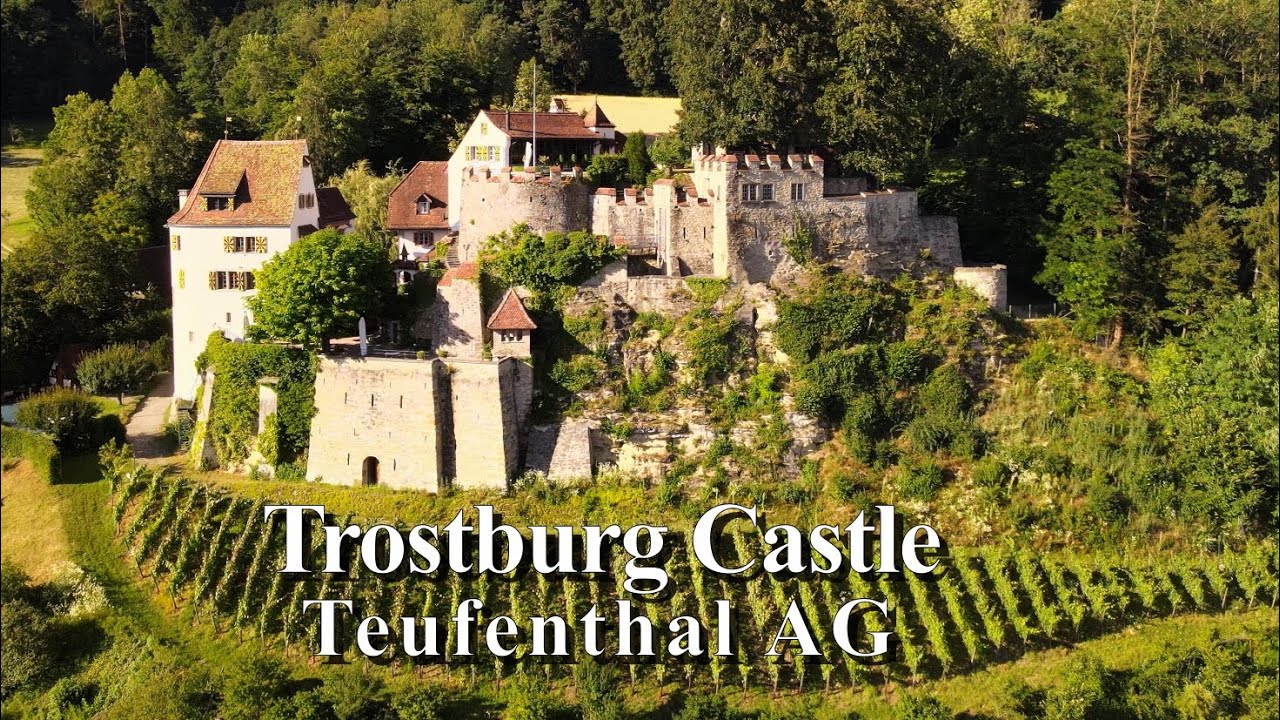 4K Bird's view of Trostburg Castle, Teufenthal, Aargau, Switzerland