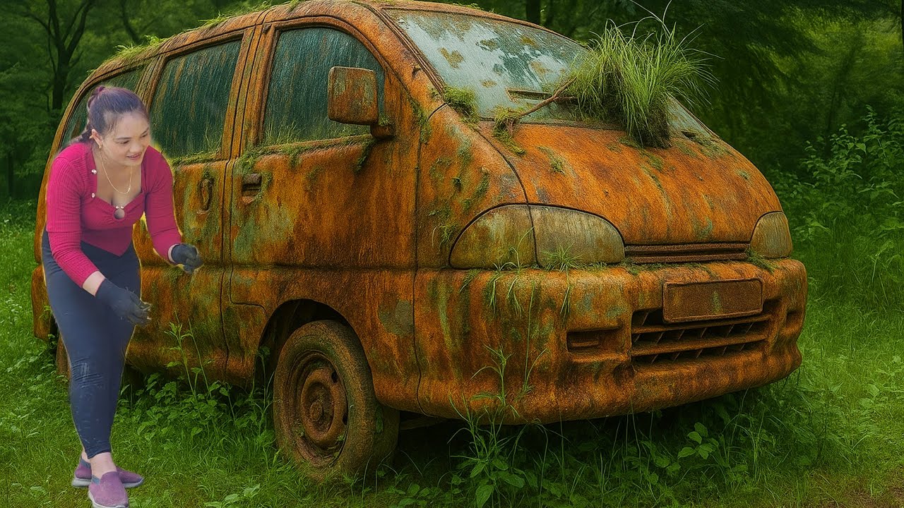 Timelapse :Girl repairs and restores an old 7-seater car that was swept away by floodwaters