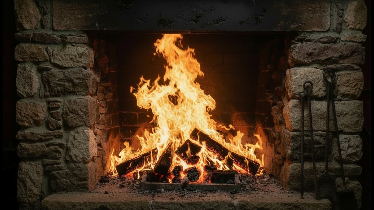 Rustic Stone Fireplace with Crackling Fire | Traditional British Ambience