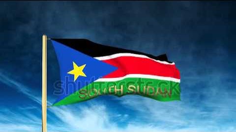 South Sudan flag slider style with title. Waving in the wind with cloud background animation Stock
