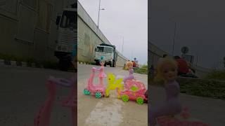🚛 Little Girl Riding Between Big Vehicles on the Road 😱❤️