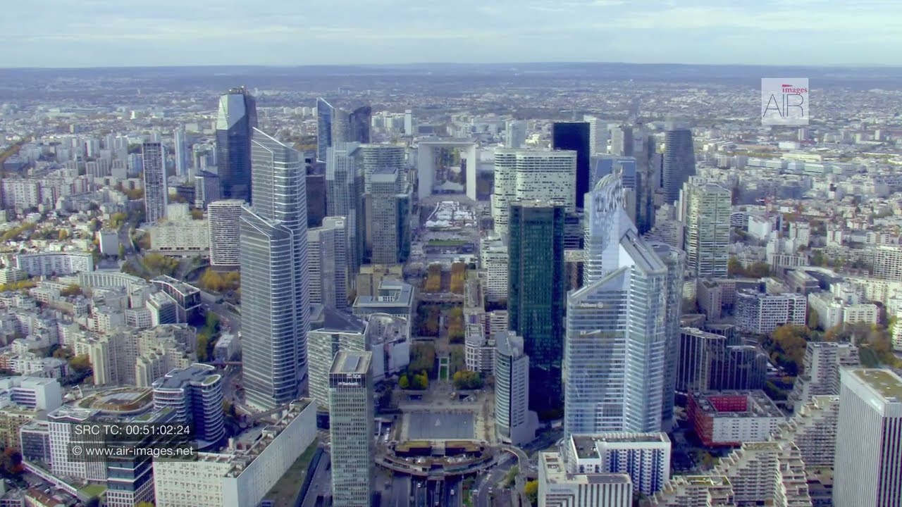 Aerial footage/ The Triumphal Way from Neuilly up to Nanterre / L' Axe Historique