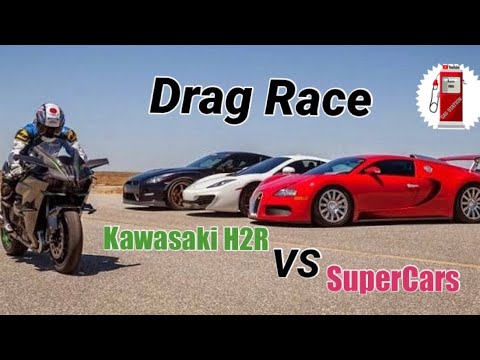 Kawasaki H2R vs Nissan GTR Drag Race + Bugatti / McLaren