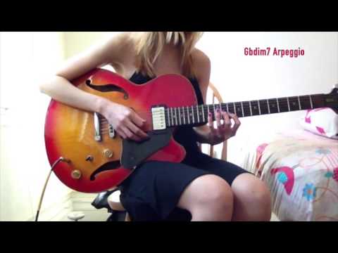 alternating gbdim7 - bbmaj7 arpeggio; f7 - bbmaj7 chord (4 positions) lead guitar practice exercise