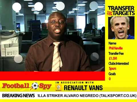 The Football Spy Show focuses on some more of the players being fought over in the January free-for-all today. Transfer news Football Spy video: David Beckham still to agree loan deal with Spurs. Liverpool and Spurs in a bidding war for Luis Suarez and Phil Neville could be headed for Totteham with Chelsea interested in Everton's Steven Pienaar Today's show also has our new European football slots, as well as our Championship round-up. Stay in touch by leaving a comment below, emailing on Spy@mirror.co.uk, Tweeting via @mirrorfootball or our