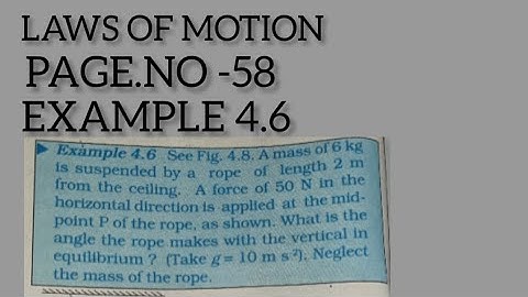 A mass of 6 kg is suspended by a rope of length 2 m from the ceiling. A force of 50 N in the horizon
