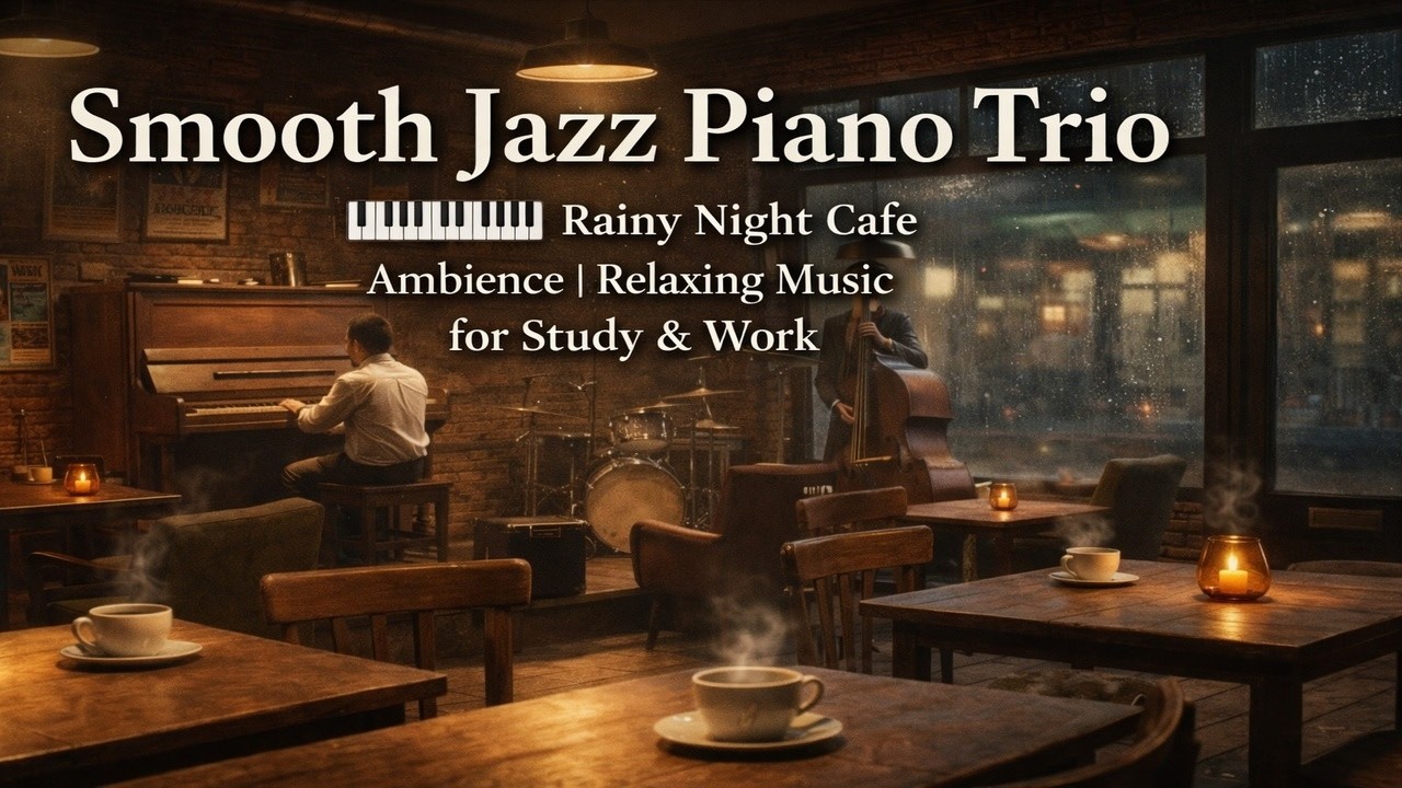 Smooth Jazz Piano Trio 🎹 Rainy Night Cafe Ambience | Relaxing Music for Study & Work