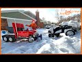 Plowing road and rescuing stuck truck with kids semi tractor snow plow truck. Educational | Kid Crew