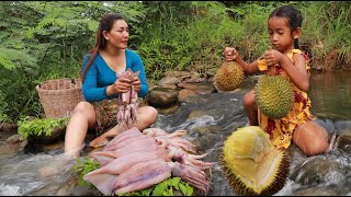 Picking durian fruit in forest- Yummy Seafood Squid spicy chili for dinner so delicious