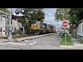 Running In The Street, Longest Auto Racks Train Ever In Crowded Neighborhood & Church RR Crossing!