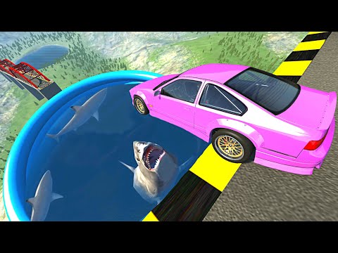 Beamng drive - Open Bridge Crashes over Pool of Hungry Sharks