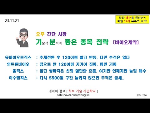 [오후시황 및 종목전략] 유바이오로직스 인트론바이오 올릭스 <strong>이수앱지스</strong> 바이오 제약 주가 매매 전략 231121
