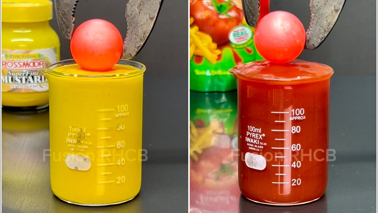 1000 °C Red hot ball vs Mustard Sauce & Ketchup