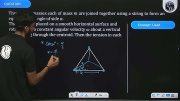 Three point masses each of mass \(m\) are joined together using a string to form an equilateral ....