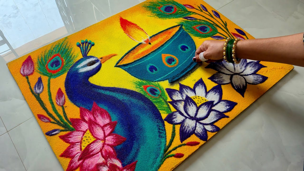 Peacock Diya Poster Rangoli For Diwali | दिवाळी रांगोळी | 3D New Diwali Padwa Special Rangoli Design