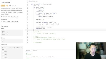 PART2: Number of Dice Rolls With Target Sum (leetcode) Dice Throw (binarysearch.com)