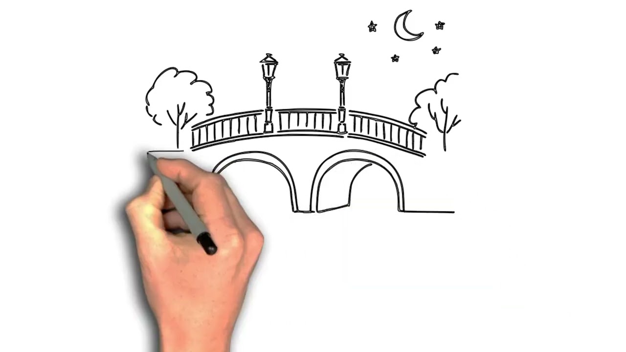 Easy to draw Bridge reflecting in water at night drawing step by step