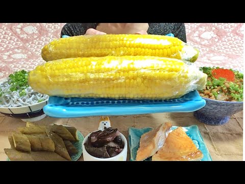 20190709【咀嚼音】【ASMR】【mukbang】【食動画】シラス とびっ子納豆 鮭 トウモロコシ トマト お新香 食べるだけ 一人飯 飯枠 飯動画