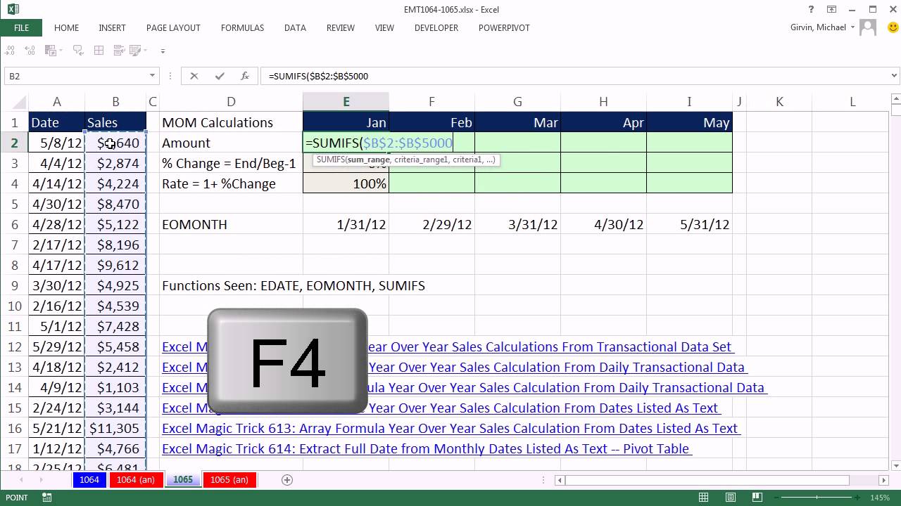 Excel Magic Trick 1065: SUMIFS: Month Over Month Sales Calculations From Transactional Data Set