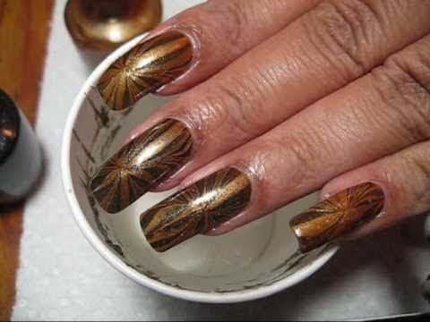 Gold & Black Pinwheel Water Marble Nail Art Tutorial