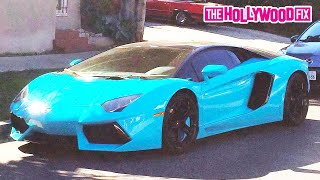 Chris Brown's Blue Lamborghini Aventador Sits Parked Outside Brooklyn Projects On Melrose Ave. In LA