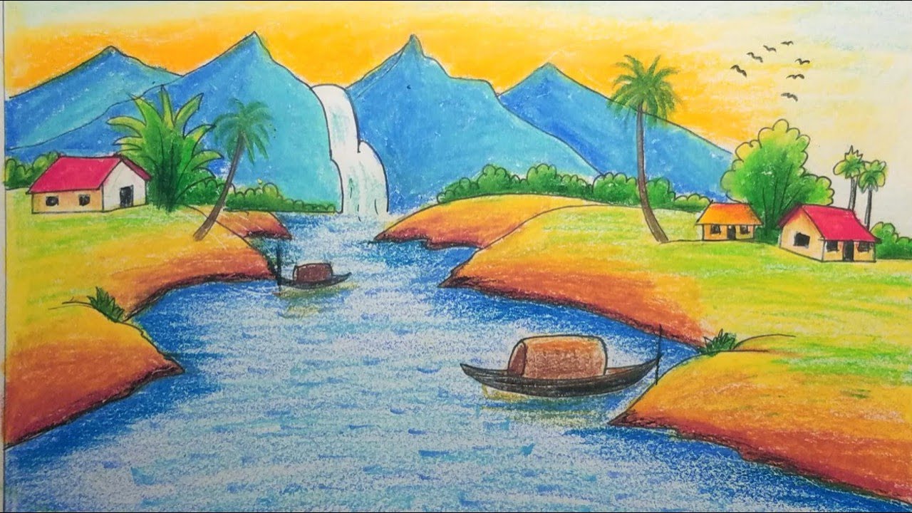 Vẽ tranh phong cảnh núi sông đơn giản | Village scenery with oil pastels  step by step - YouTube