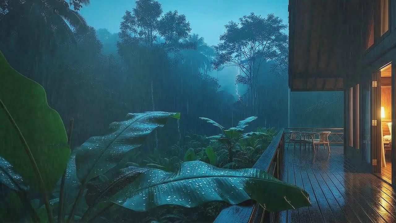 Sleep Now with Light Rainfall and Distant Storm at Wooden Cabin Terrace 🌧️