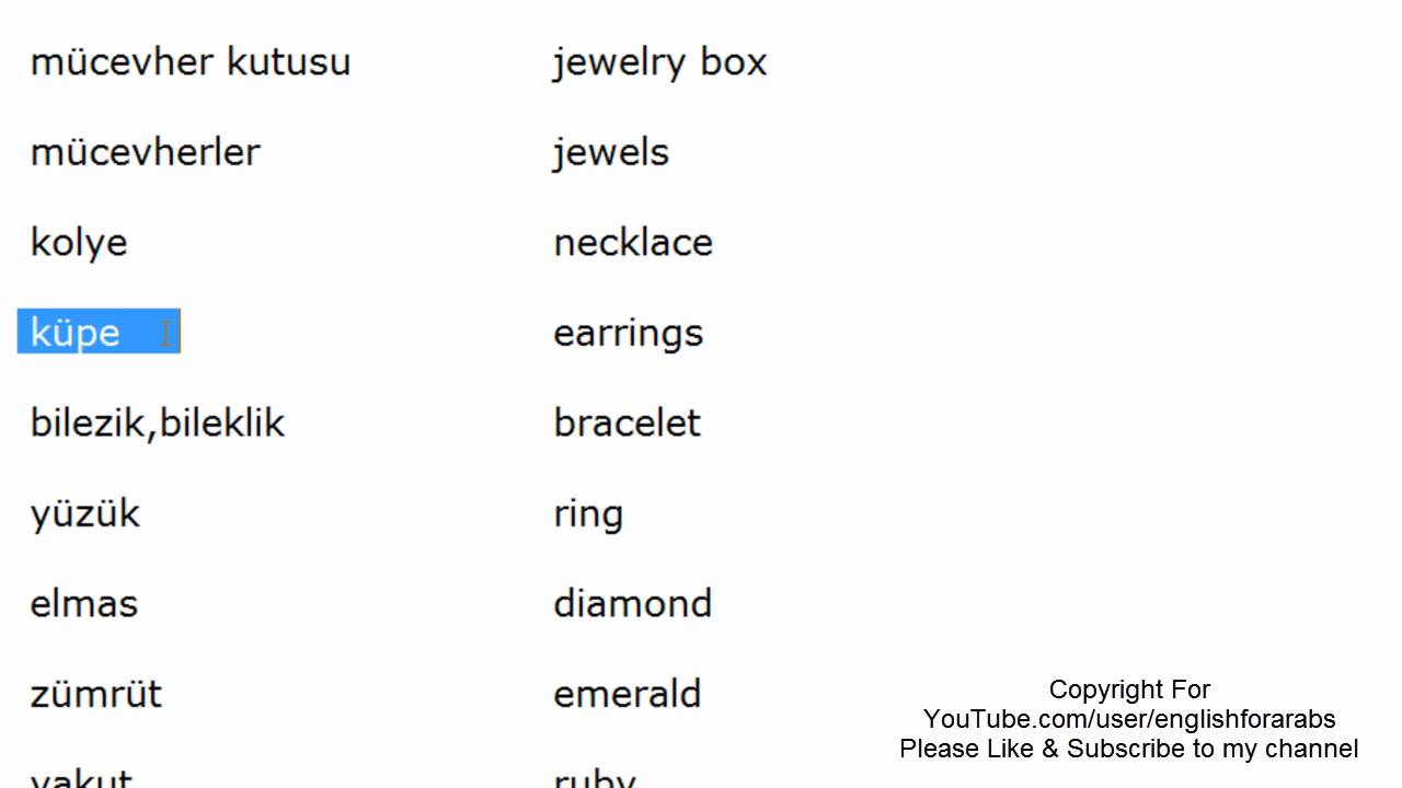 ⁣Jewelry names in Turkish - Turkish For Beginners