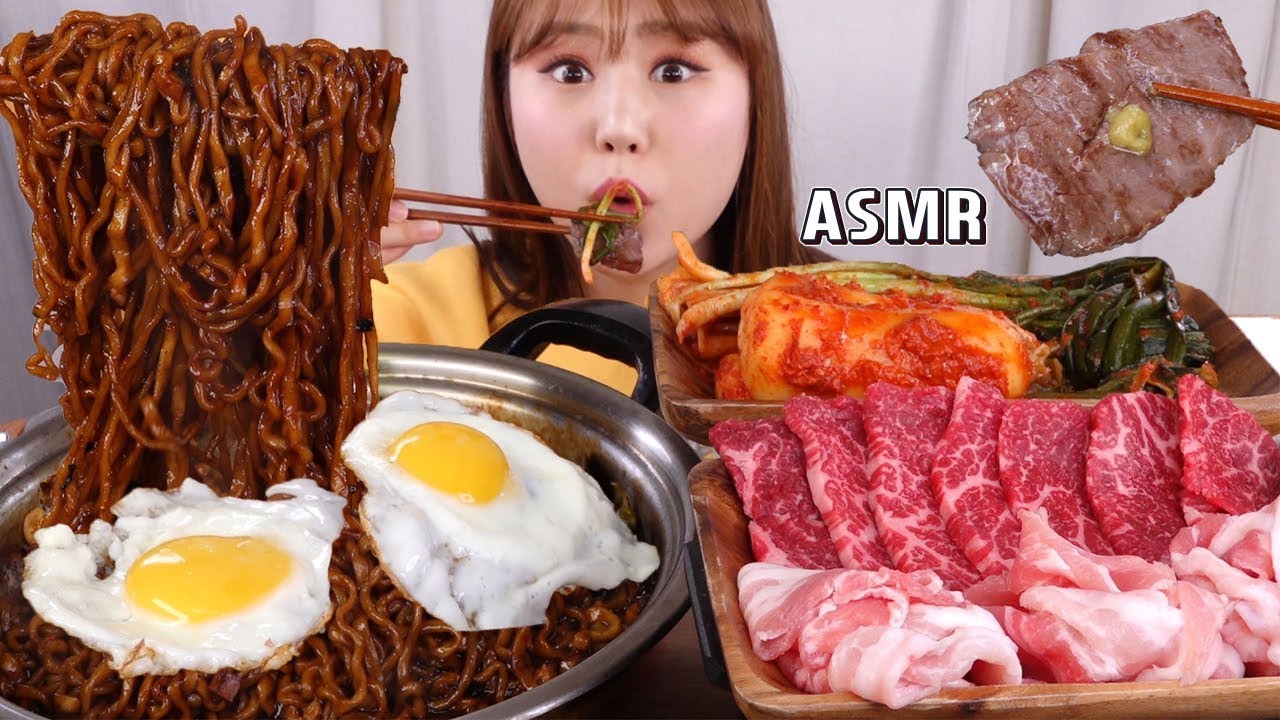 ASMR Mukbang｜너구리와 진짜장을 섞은 진구리와 대패삼겹살, 소고기 구이를 함께 먹어보았어요!!