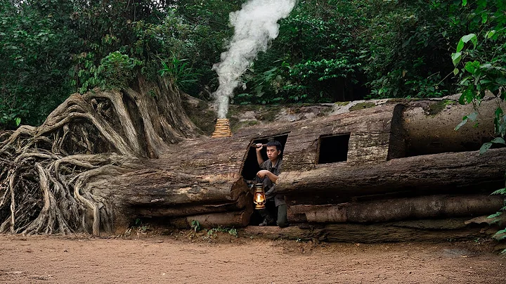 Build a Complete and Warm Shelter Under a Giant Oak Tree. Survival, Bushcraft