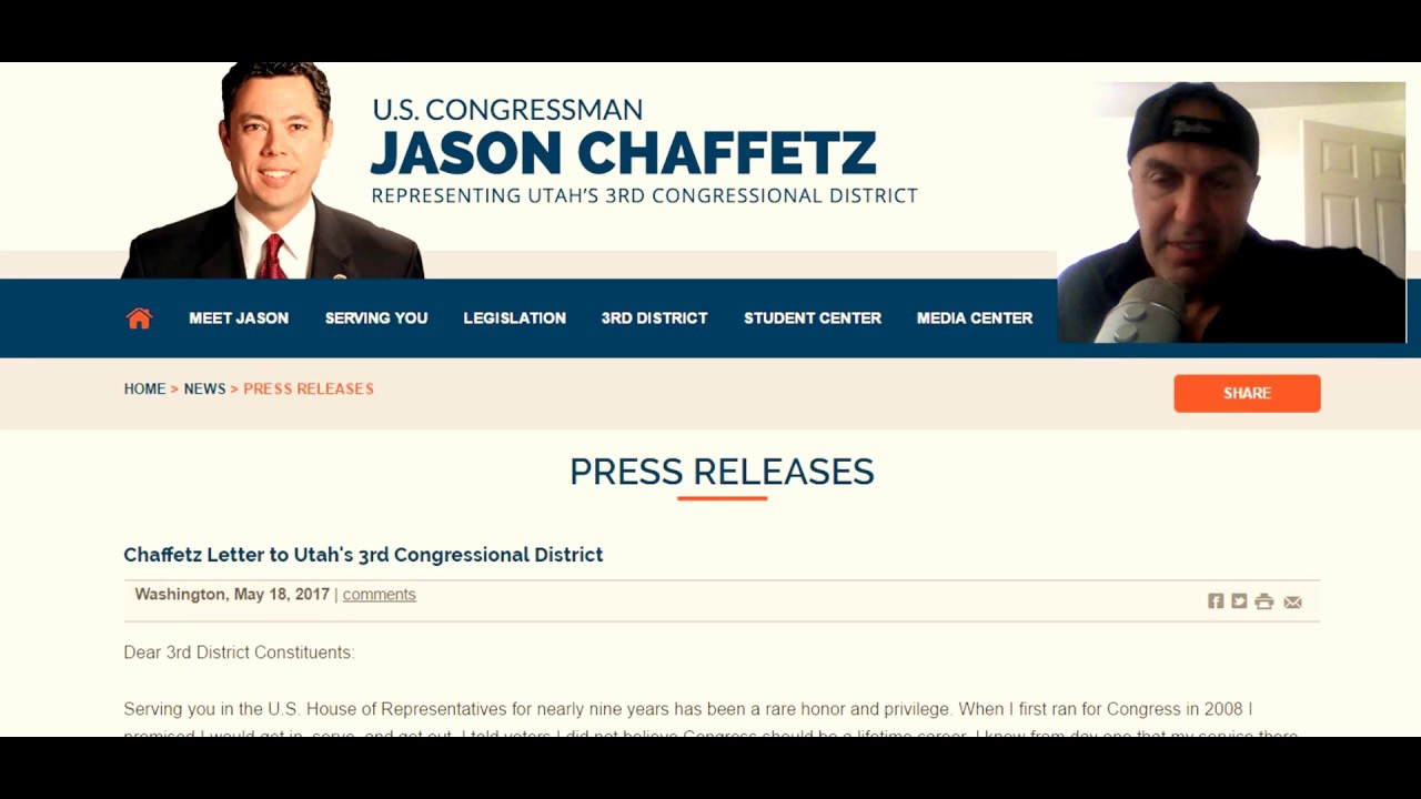 Utah Rep. Jason Chaffetz Posts Resignation Letter, Announces Early Departure