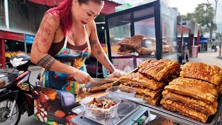 Hardworking Thai Lady Serve Holy Crispy Pork On Motorbike Shop in Pattaya - Thai Street Food