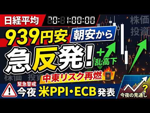 日経平均939円安も朝安から急反発！中東リスク再燃で乱高下、今夜は米PPI・ECBに警戒｜日経225先物見通し#日経平均#日経225先物#日本株#米PPI#ECB#中東情勢#為替介入#ドル円#先物取引