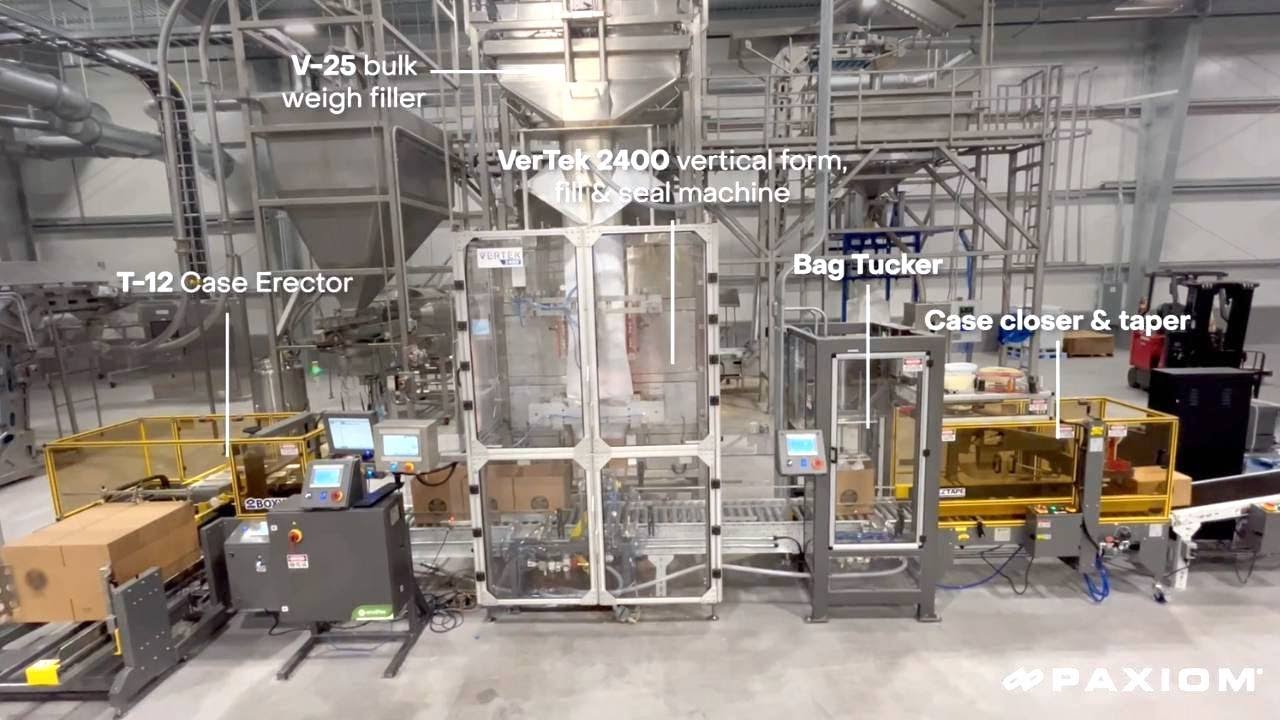 Nut Packaging Line For Case Erecting, Bagging, Bag Tucking, Case Sealing, Labeling & Palletizing