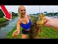 FISHING a HIGHWAY DITCH for EXOTIC FISH in the RAIN!! (Catch Clean Cook!!)