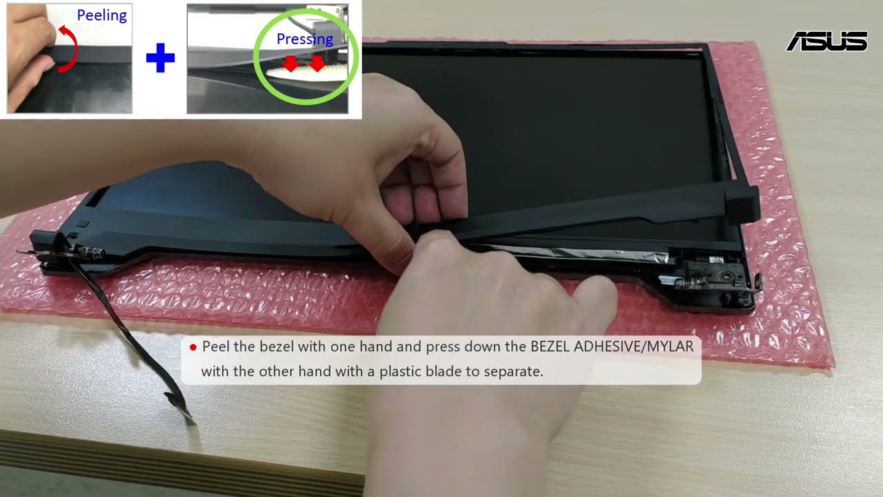 LCD panel replacement process with bezel removal and ribbon cable disconnect