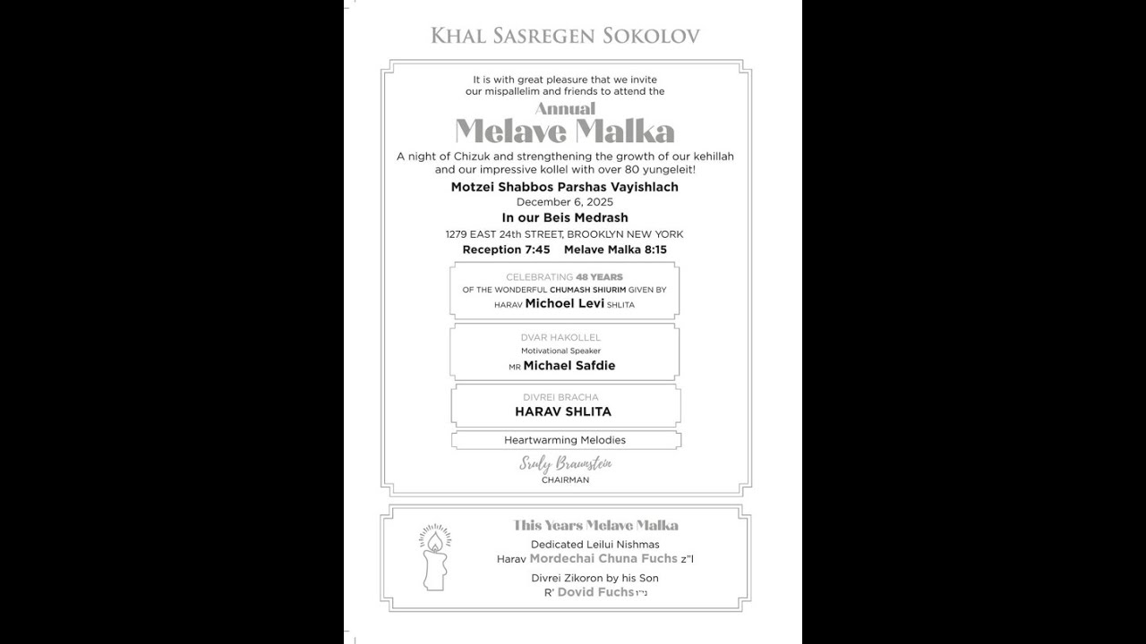 K'hal Sasregen-Sokolov  Melave Malka 2025  Rabbi Ben Zion Frankel Shlita