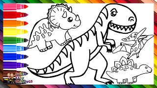 Drawing and Coloring 5 Dinosaurs 🦖🦕🌋 T-REX and More 🌈 Drawings for Kids