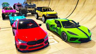 GTA V Superheroes SPIDERMAN MULTI Ramp Race Challenge with Super Cars | GTA 5 Hulk Car Stunt Race