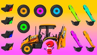 CORRECTLY GUESS ALL PARTS OF JCB TRACTOR: WHEEL, FRONT LOADER AND BACKHOE BUCKET