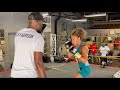 ALYCIA BAUMGARDNER BLASTING FOCUS MITTS WITH COMBOS WITH COACH TONY AT HARRISON&#39;S GYM IN DETROIT