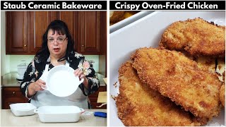 Staub Ceramic Bakeware: Crispy Panko Oven-Fried Chicken, Baked Potatoes, and Corn on the Cob
