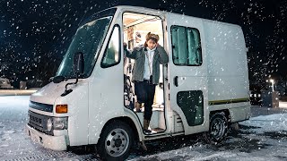 Snow Car Camping with Vintage Delivery Van