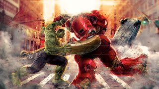 Iron Man employs the Hulkbuster to halt Hulk in a scene from Avengers: Age of Ultron, 2015, in 4K.