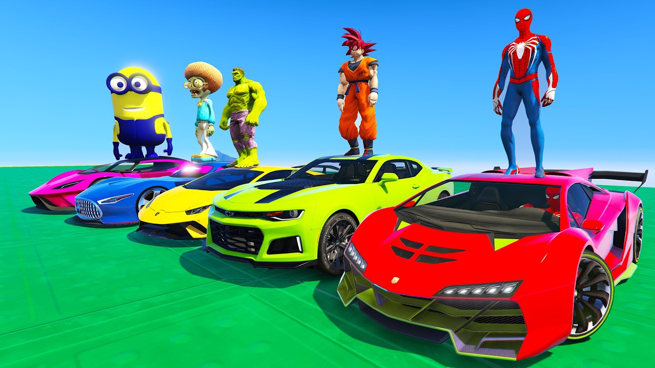 SPIDERMAN Cars MEGA Water Slides Ramp JUMP Challenge | Superheroes Hulk Color Blocks Race - GTA V