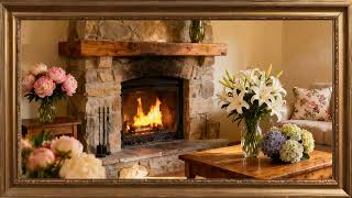 Fireplace & Flowers | Peaceful Ambience. Gold framed Vintage art screensaver 4k TV Painting wall art screenshot 5