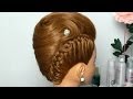 French twist hairstyle for long medium hair. Updo with braid